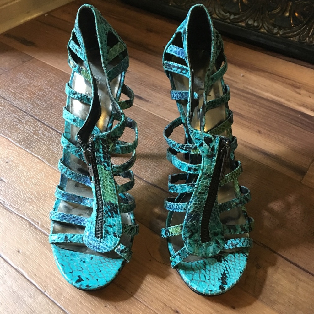 Blue snake skin heels with zipper